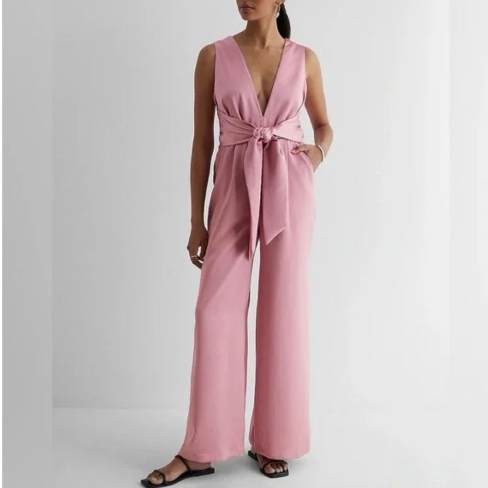 Express Pink Satin V-Neck Tie Waist Wide Leg Jumpsuit
